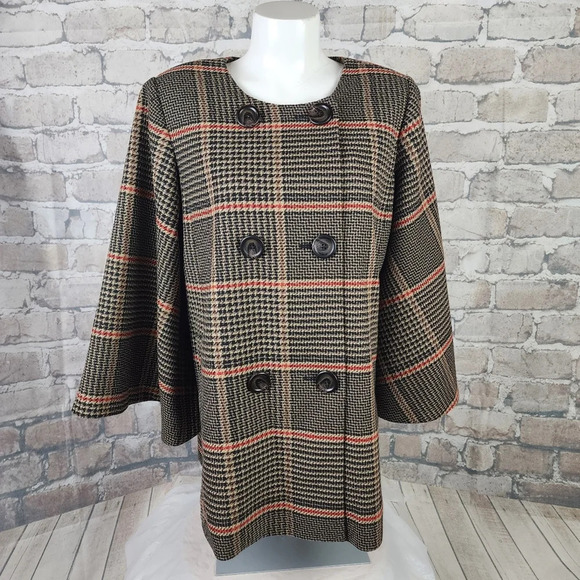 Halogen x Atlantic Pacific Glen Plaid Pea Coat Bell Sleeve Tan/Black Size Medium - Picture 15 of 15